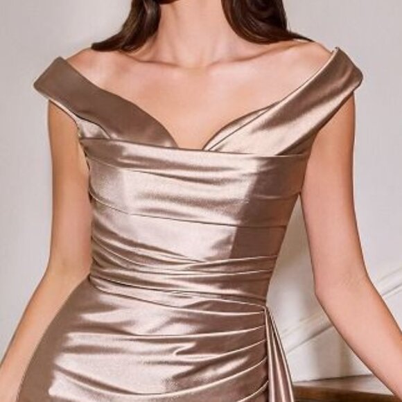 New Mocha Off The Shoulder Luxury Sheath Gown w/ Side Drape & Leg Slit CD393 - Picture 8 of 9